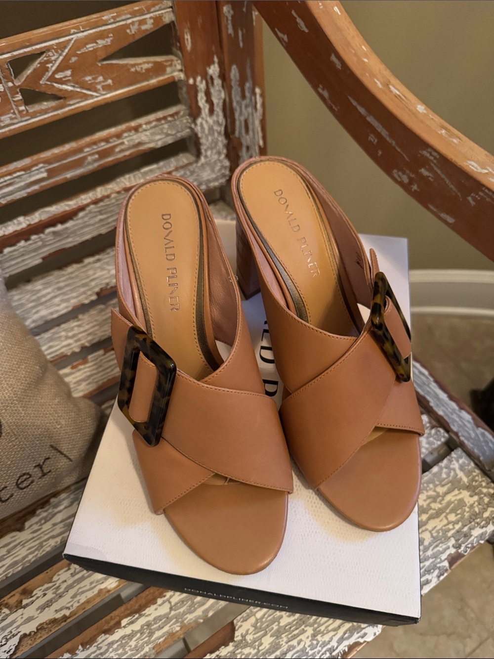 Donald J. Pliner Tan Leather Slide Mules with Tortoiseshell Buckle Accent